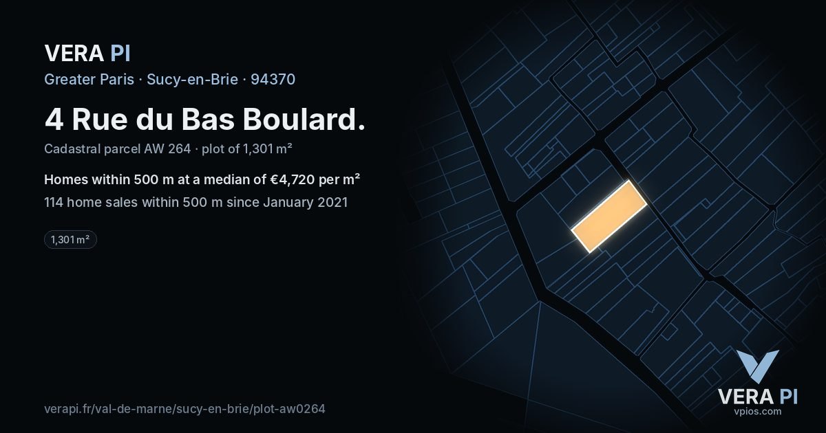 4 Rue du Bas Boulard, Sucy-en-Brie at night – the plot lit, the parcels around coloured by the prices near them