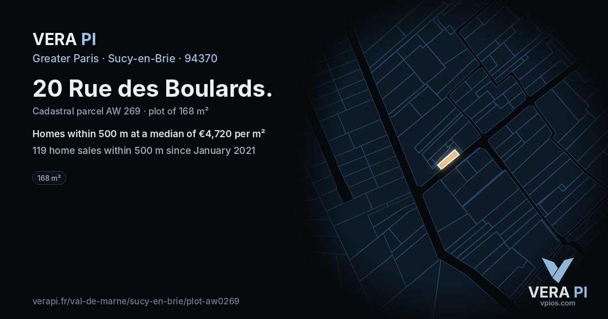 20 Rue des Boulards, Sucy-en-Brie at night – the plot lit, the parcels around coloured by the prices near them