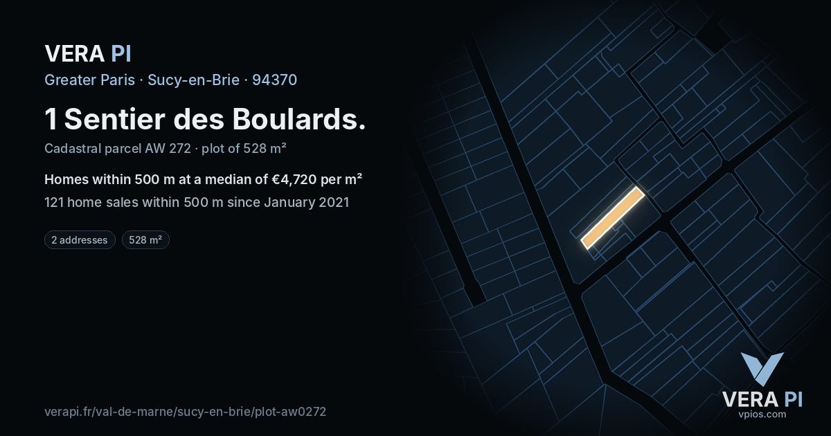 1 Sentier des Boulards, Sucy-en-Brie at night – the plot lit, the parcels around coloured by the prices near them