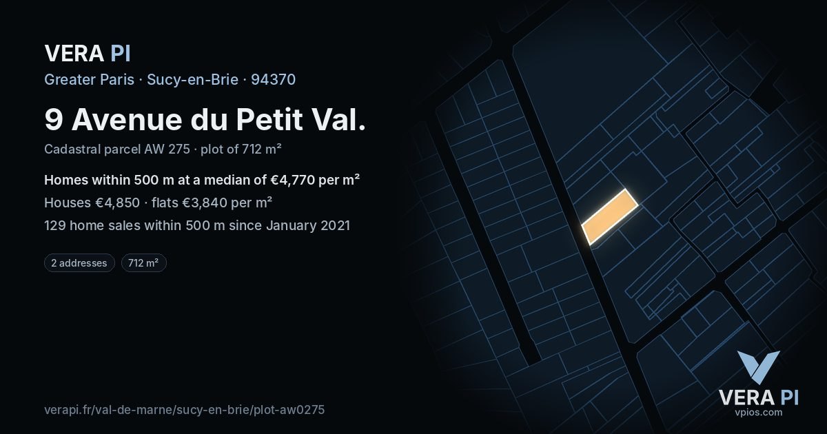 9 Avenue du Petit Val, Sucy-en-Brie at night – the plot lit, the parcels around coloured by the prices near them