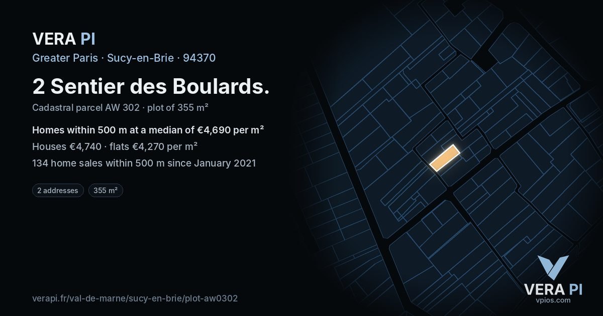 2 Sentier des Boulards, Sucy-en-Brie at night – the plot lit, the parcels around coloured by the prices near them
