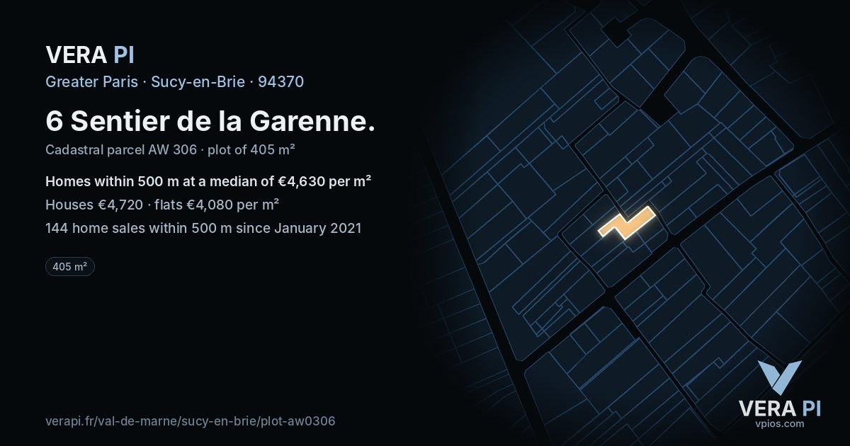 6 Sentier de la Garenne, Sucy-en-Brie at night – the plot lit, the parcels around coloured by the prices near them