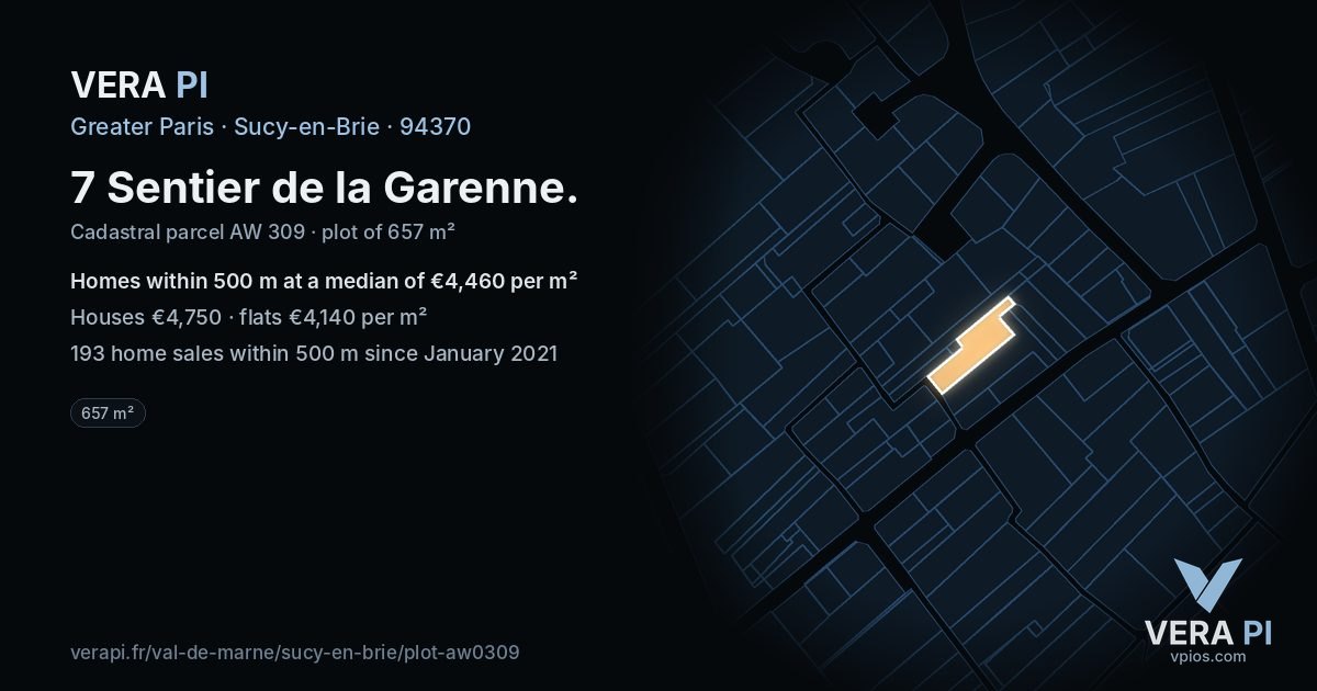 7 Sentier de la Garenne, Sucy-en-Brie at night – the plot lit, the parcels around coloured by the prices near them