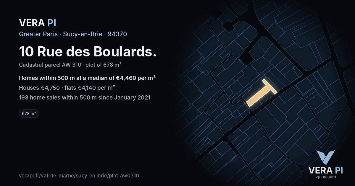10 Rue des Boulards, Sucy-en-Brie at night – the plot lit, the parcels around coloured by the prices near them