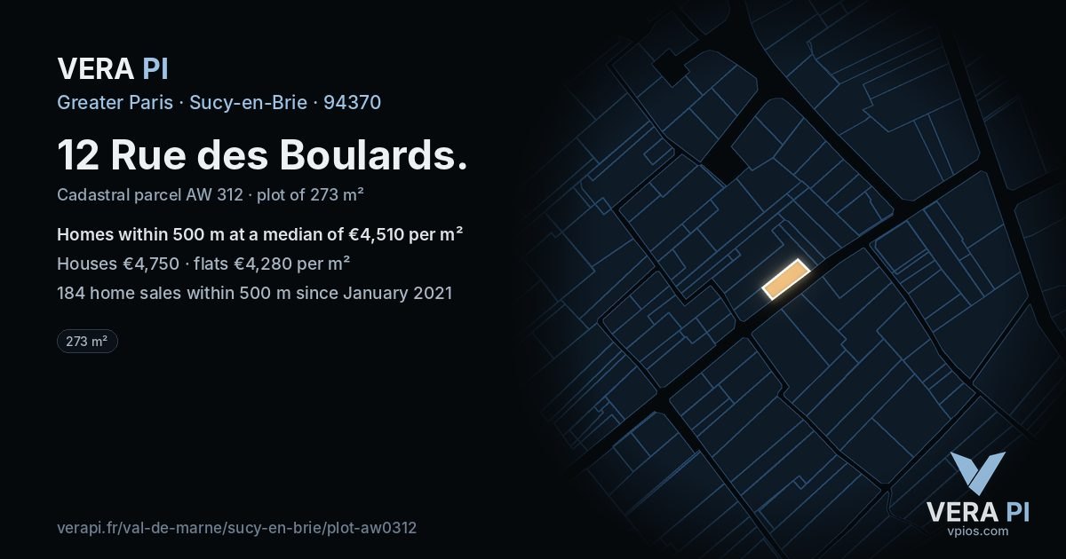 12 Rue des Boulards, Sucy-en-Brie at night – the plot lit, the parcels around coloured by the prices near them