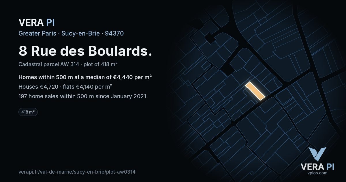 8 Rue des Boulards, Sucy-en-Brie at night – the plot lit, the parcels around coloured by the prices near them