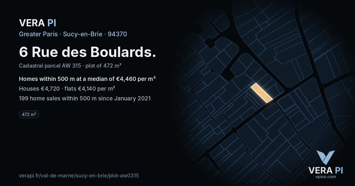 6 Rue des Boulards, Sucy-en-Brie at night – the plot lit, the parcels around coloured by the prices near them