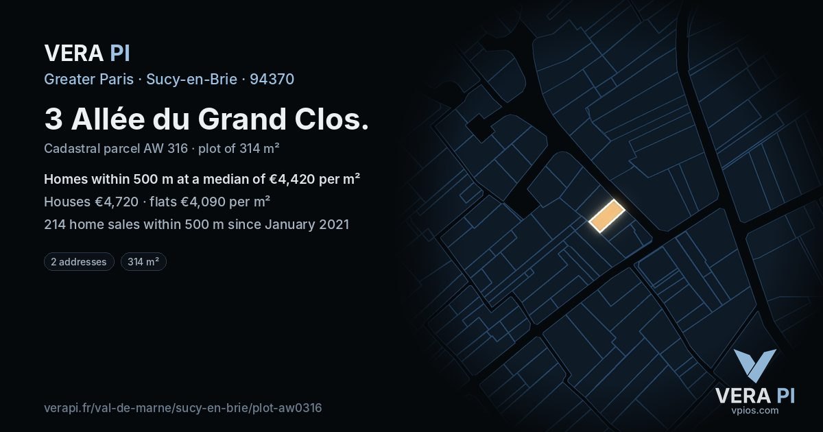 3 Allée du Grand Clos, Sucy-en-Brie at night – the plot lit, the parcels around coloured by the prices near them