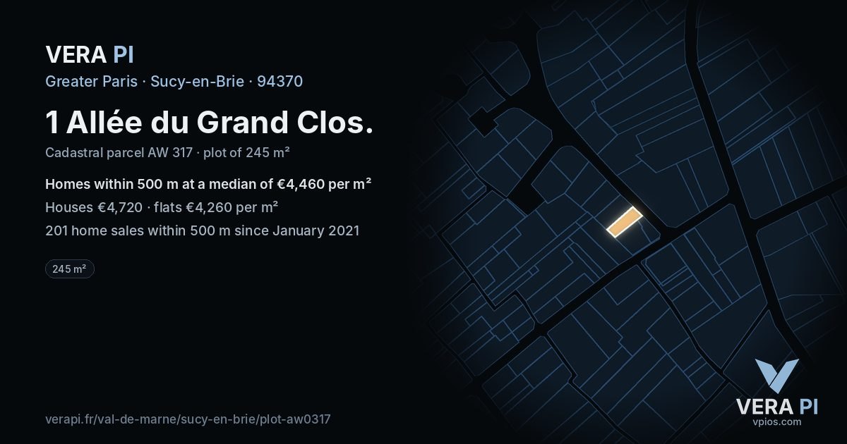 1 Allée du Grand Clos, Sucy-en-Brie at night – the plot lit, the parcels around coloured by the prices near them