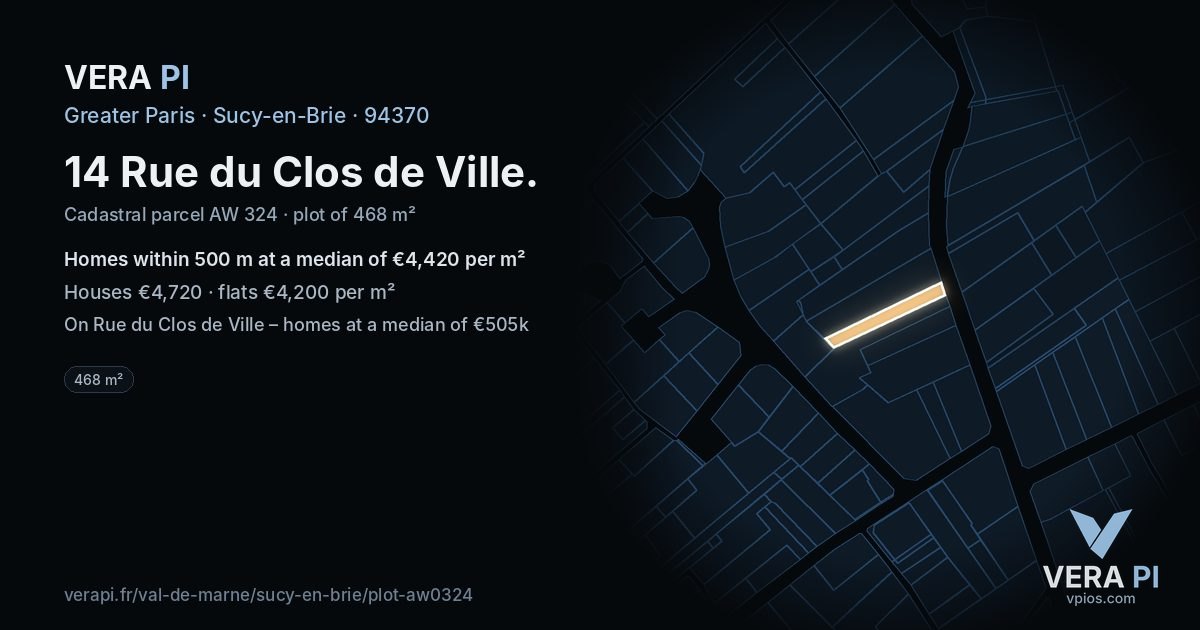 14 Rue du Clos de Ville, Sucy-en-Brie at night – the plot lit, the parcels around coloured by the prices near them