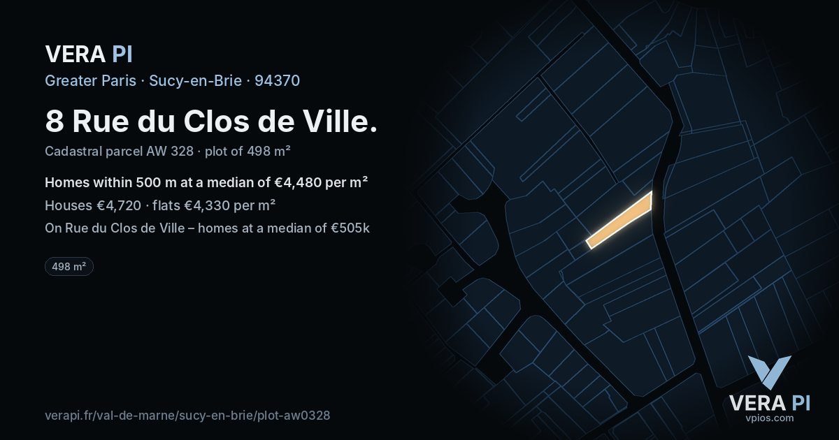 8 Rue du Clos de Ville, Sucy-en-Brie at night – the plot lit, the parcels around coloured by the prices near them