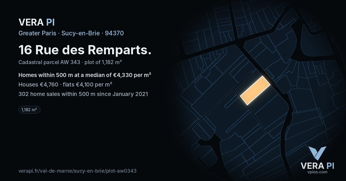 16 Rue des Remparts, Sucy-en-Brie at night – the plot lit, the parcels around coloured by the prices near them