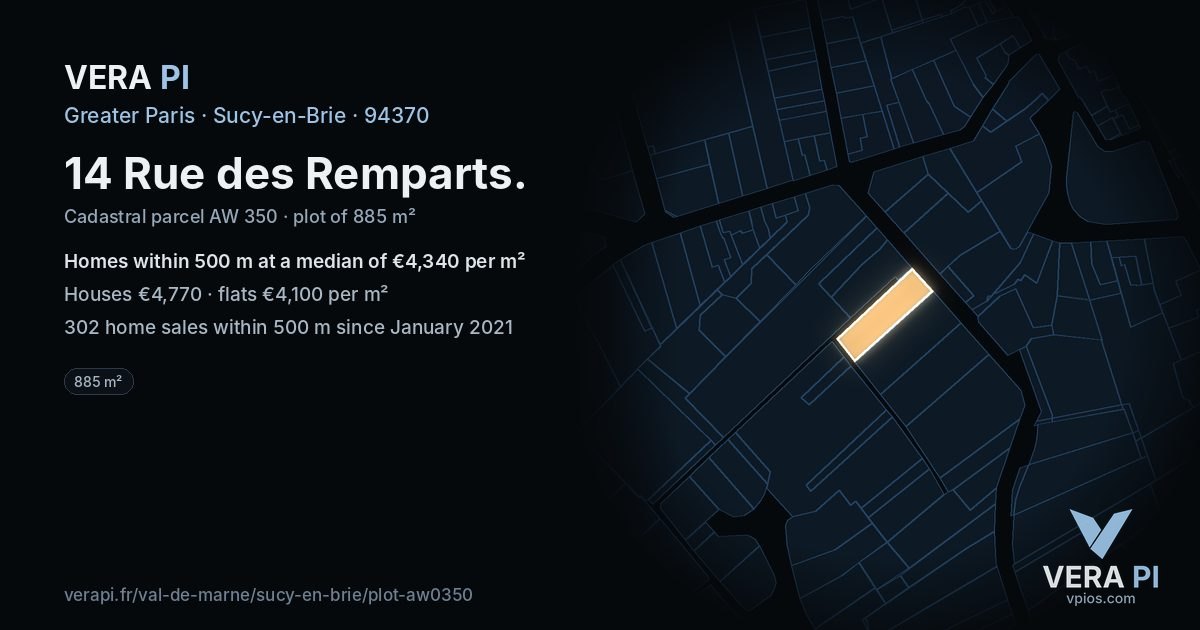 14 Rue des Remparts, Sucy-en-Brie at night – the plot lit, the parcels around coloured by the prices near them