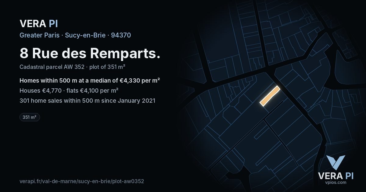 8 Rue des Remparts, Sucy-en-Brie at night – the plot lit, the parcels around coloured by the prices near them