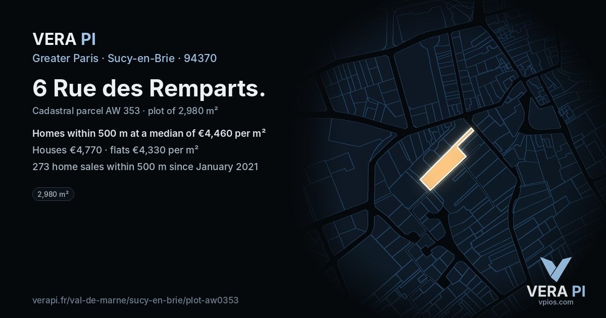 6 Rue des Remparts, Sucy-en-Brie at night – the plot lit, the parcels around coloured by the prices near them