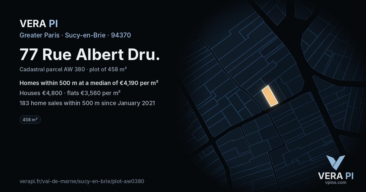 77 Rue Albert Dru, Sucy-en-Brie at night – the plot lit, the parcels around coloured by the prices near them