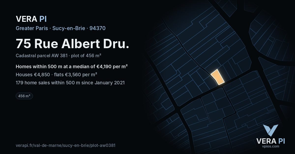 75 Rue Albert Dru, Sucy-en-Brie at night – the plot lit, the parcels around coloured by the prices near them