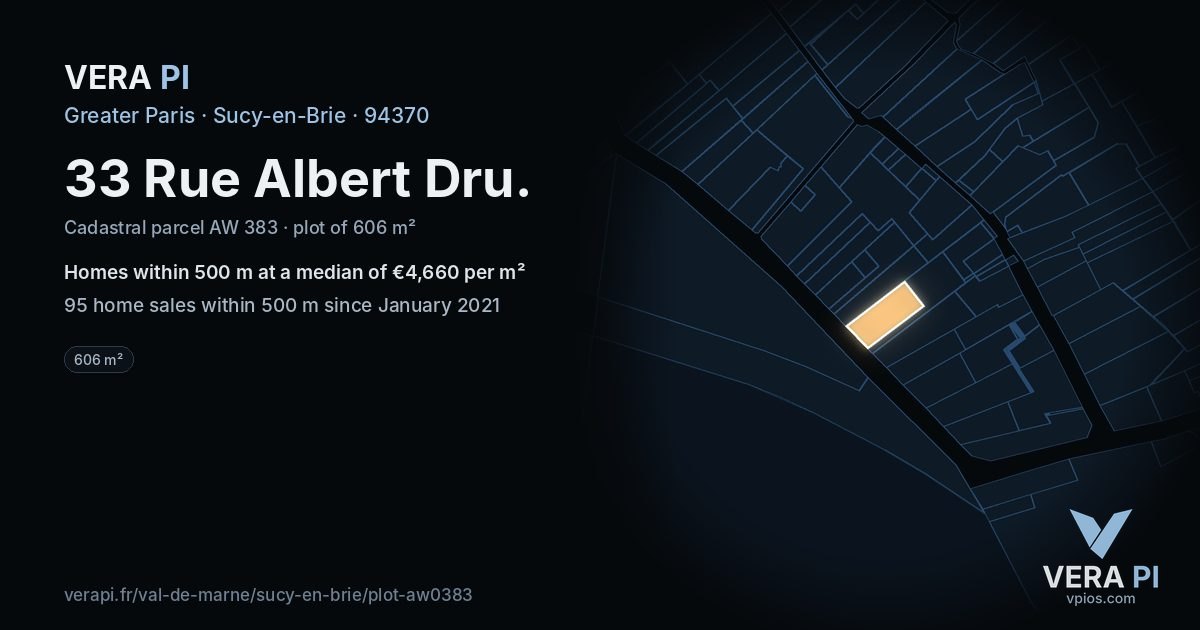 33 Rue Albert Dru, Sucy-en-Brie at night – the plot lit, the parcels around coloured by the prices near them