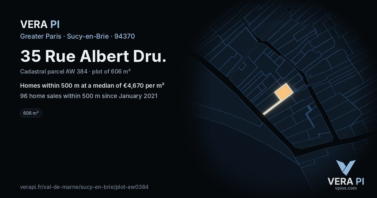 35 Rue Albert Dru, Sucy-en-Brie at night – the plot lit, the parcels around coloured by the prices near them