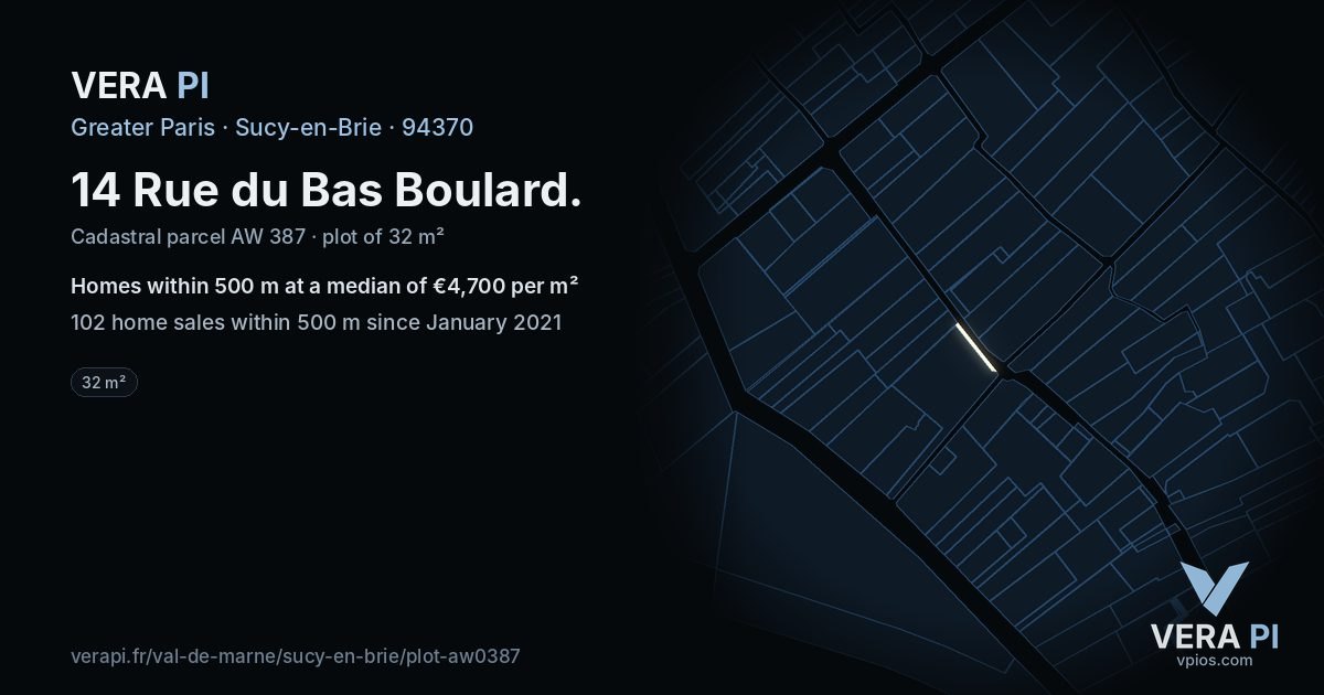 14 Rue du Bas Boulard, Sucy-en-Brie at night – the plot lit, the parcels around coloured by the prices near them