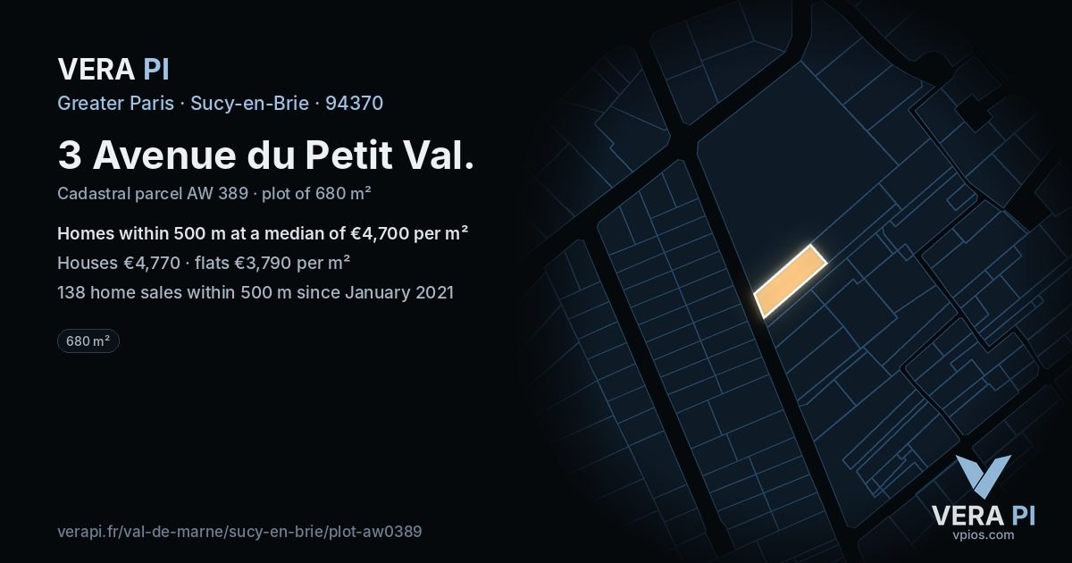 3 Avenue du Petit Val, Sucy-en-Brie at night – the plot lit, the parcels around coloured by the prices near them