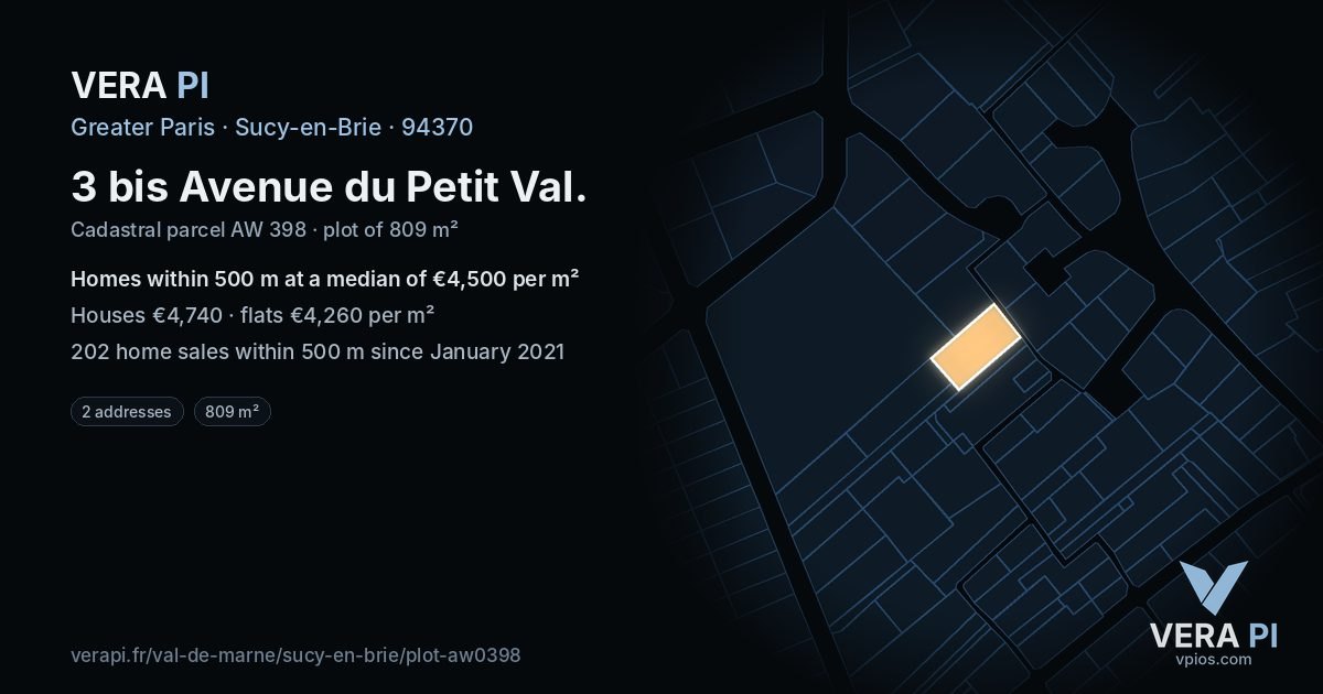 3 bis Avenue du Petit Val, Sucy-en-Brie at night – the plot lit, the parcels around coloured by the prices near them