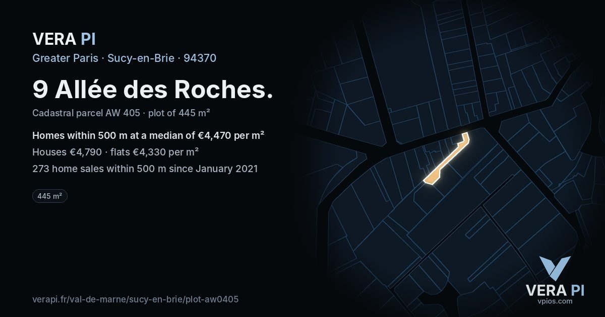 9 Allée des Roches, Sucy-en-Brie at night – the plot lit, the parcels around coloured by the prices near them