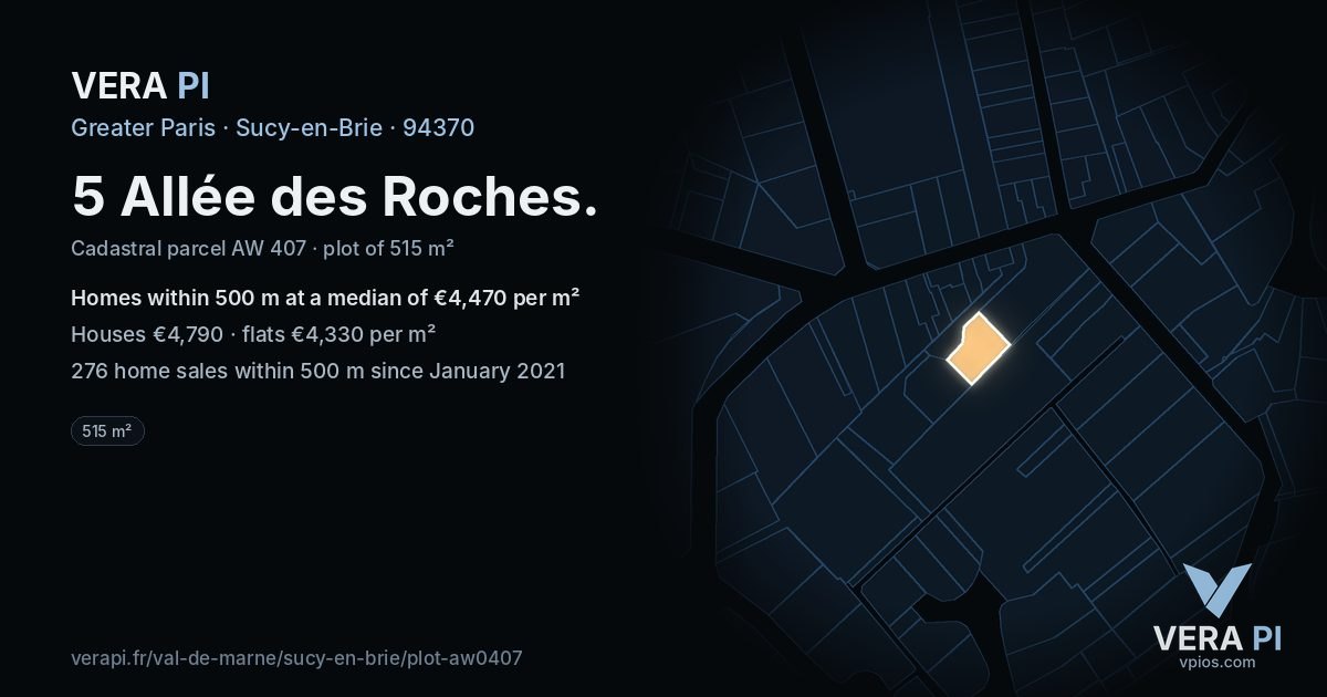 5 Allée des Roches, Sucy-en-Brie at night – the plot lit, the parcels around coloured by the prices near them