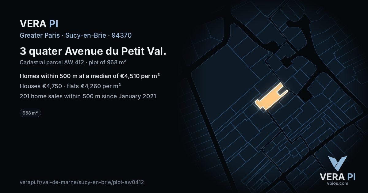 3 quater Avenue du Petit Val, Sucy-en-Brie at night – the plot lit, the parcels around coloured by the prices near them