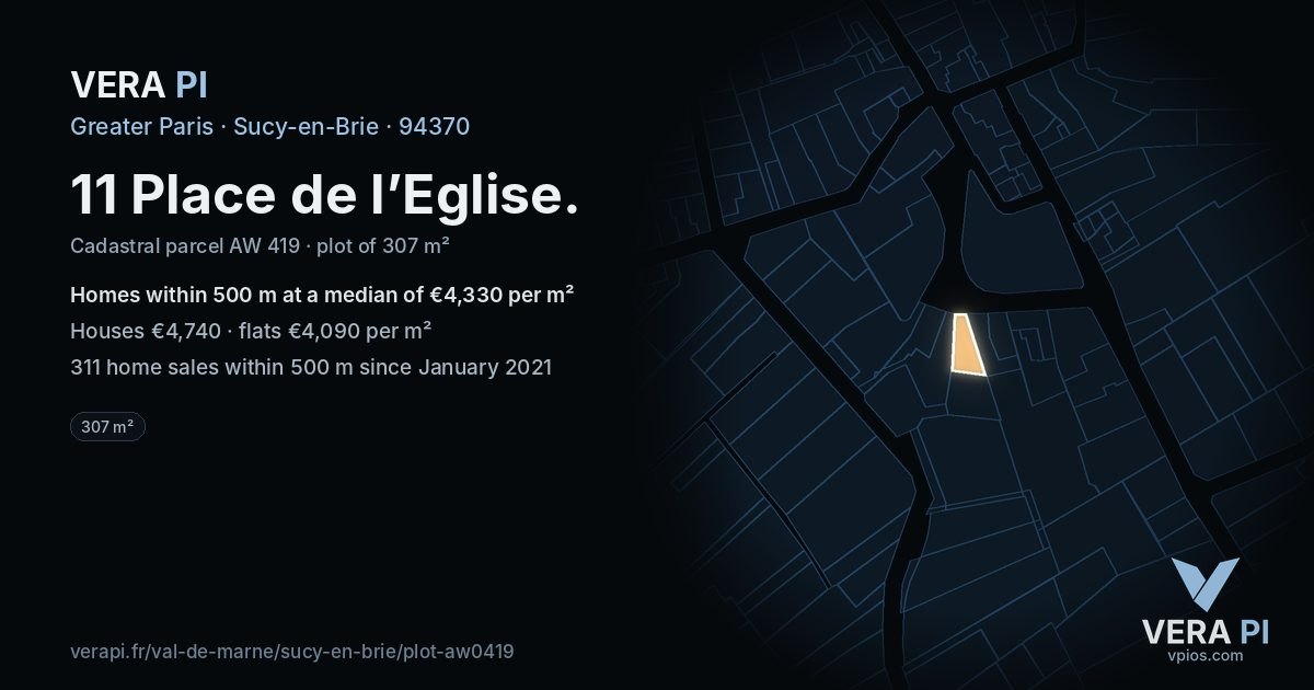 11 Place de l’Eglise, Sucy-en-Brie at night – the plot lit, the parcels around coloured by the prices near them