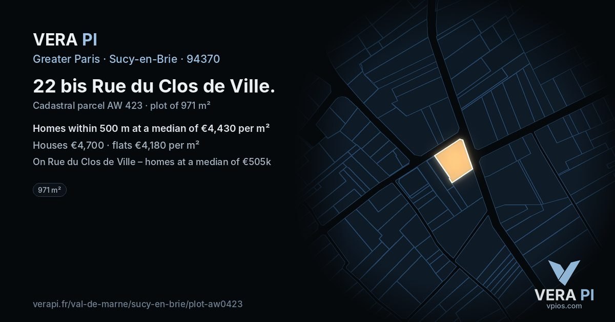 22 bis Rue du Clos de Ville, Sucy-en-Brie at night – the plot lit, the parcels around coloured by the prices near them