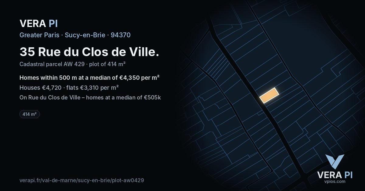 35 Rue du Clos de Ville, Sucy-en-Brie at night – the plot lit, the parcels around coloured by the prices near them