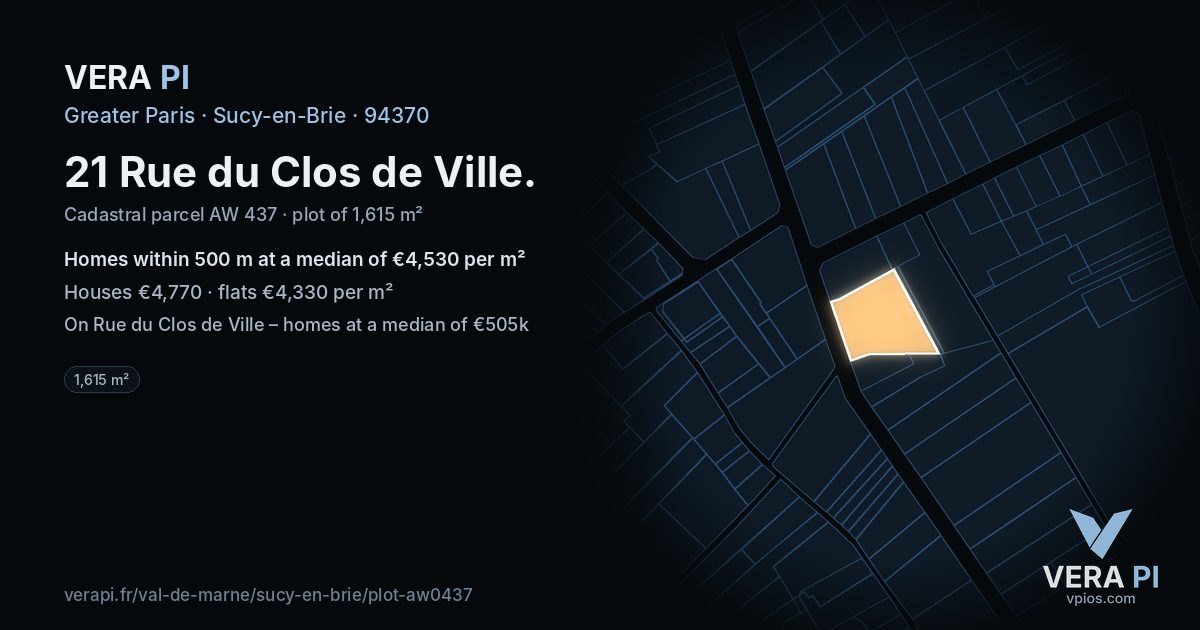 21 Rue du Clos de Ville, Sucy-en-Brie at night – the plot lit, the parcels around coloured by the prices near them
