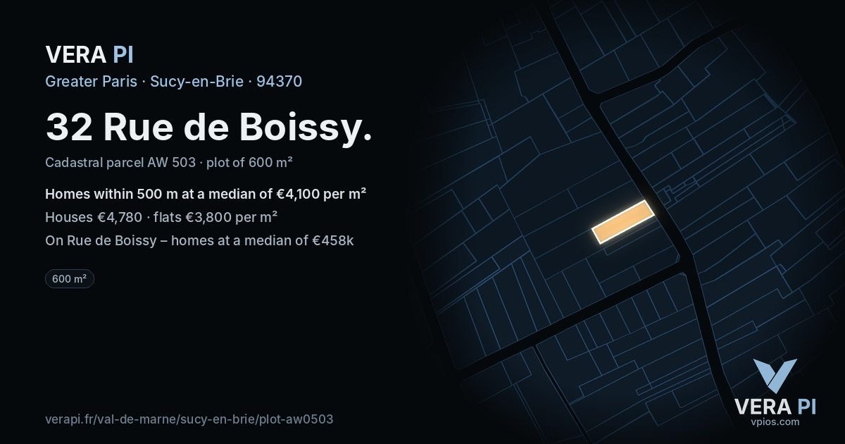 32 Rue de Boissy, Sucy-en-Brie at night – the plot lit, the parcels around coloured by the prices near them