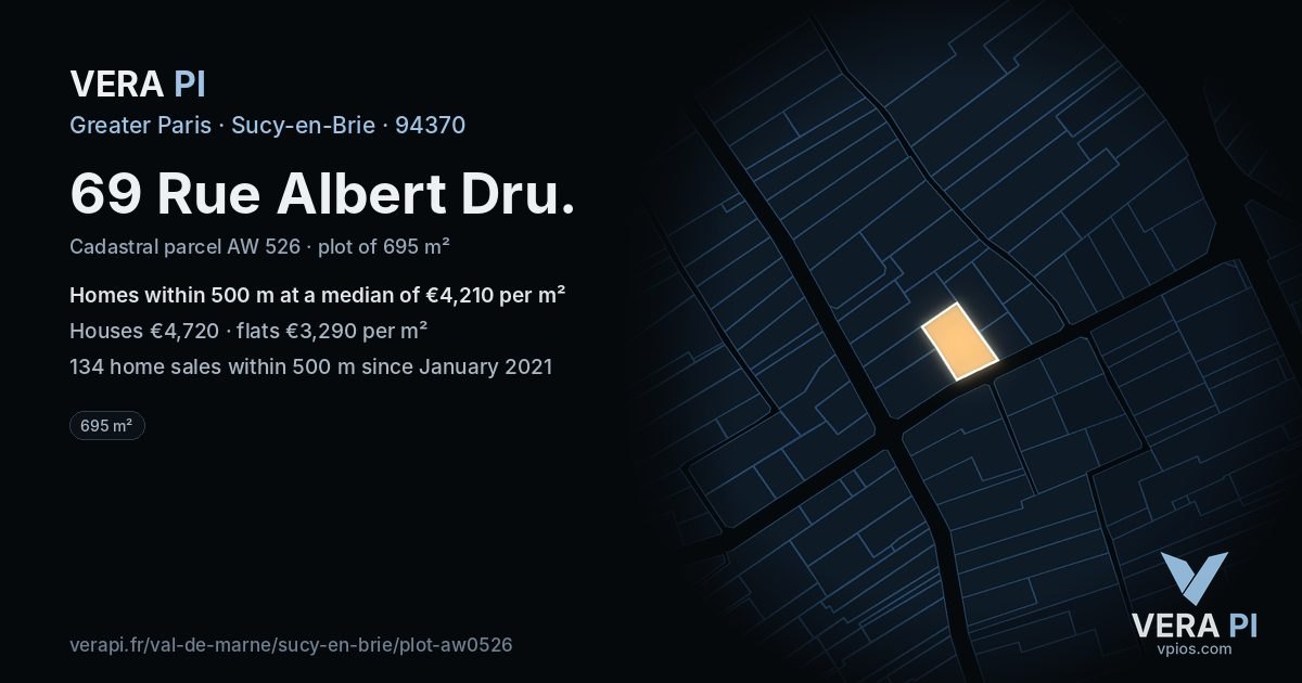 69 Rue Albert Dru, Sucy-en-Brie at night – the plot lit, the parcels around coloured by the prices near them