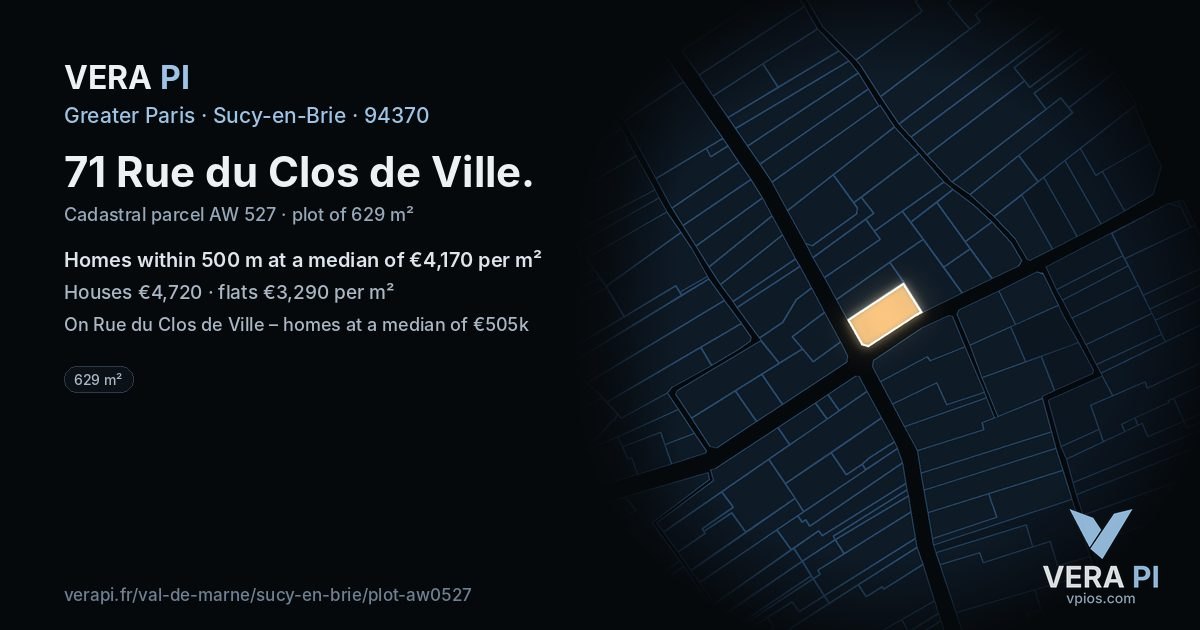 71 Rue du Clos de Ville, Sucy-en-Brie at night – the plot lit, the parcels around coloured by the prices near them