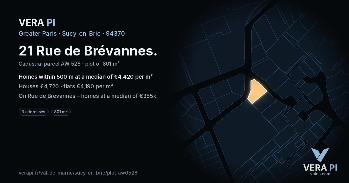 21 Rue de Brévannes, Sucy-en-Brie at night – the plot lit, the parcels around coloured by the prices near them