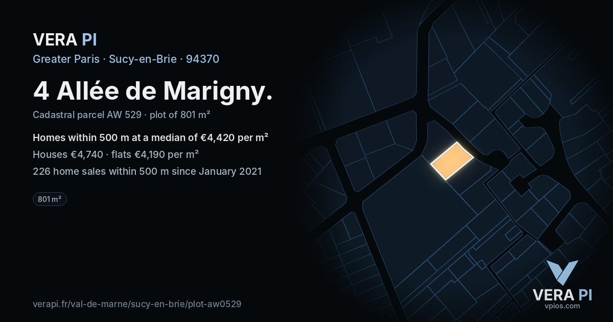 4 Allée de Marigny, Sucy-en-Brie at night – the plot lit, the parcels around coloured by the prices near them