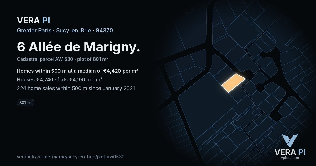 6 Allée de Marigny, Sucy-en-Brie at night – the plot lit, the parcels around coloured by the prices near them