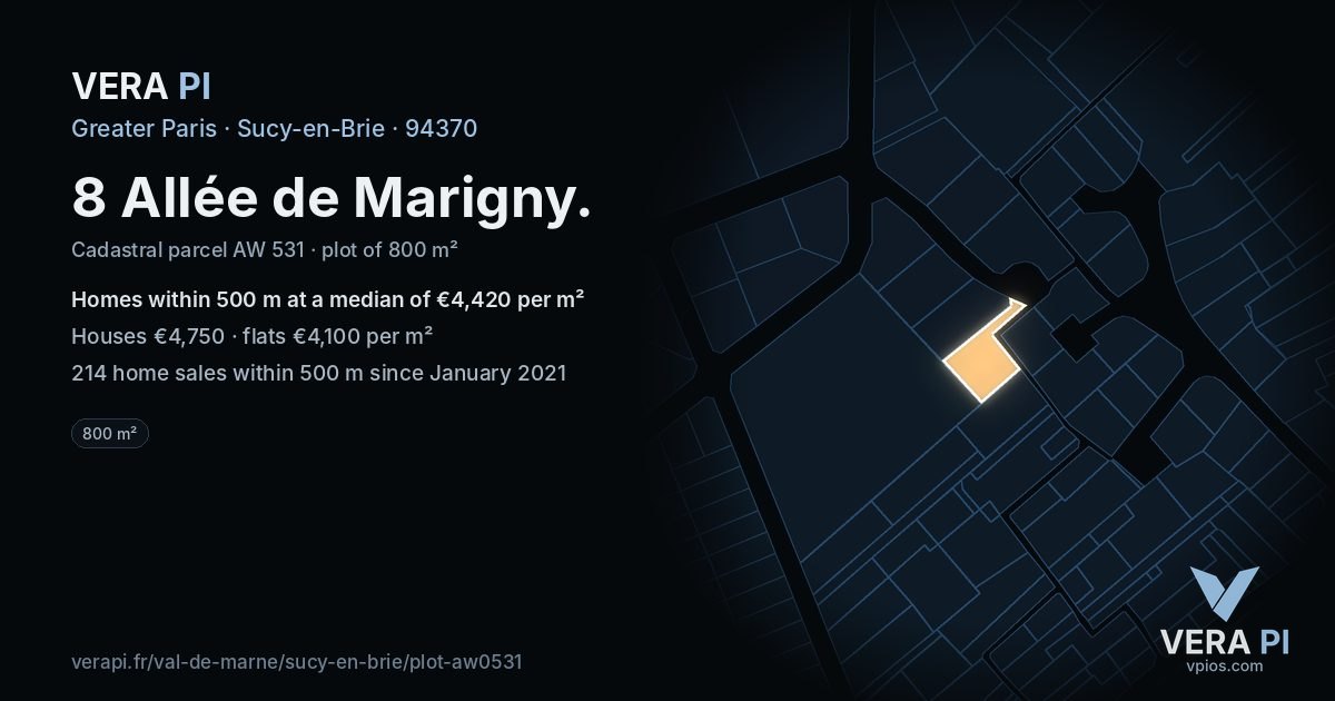 8 Allée de Marigny, Sucy-en-Brie at night – the plot lit, the parcels around coloured by the prices near them