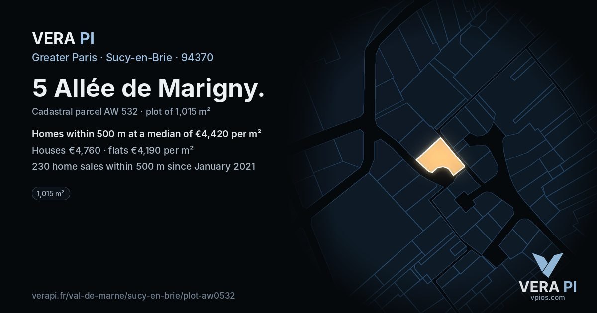 5 Allée de Marigny, Sucy-en-Brie at night – the plot lit, the parcels around coloured by the prices near them