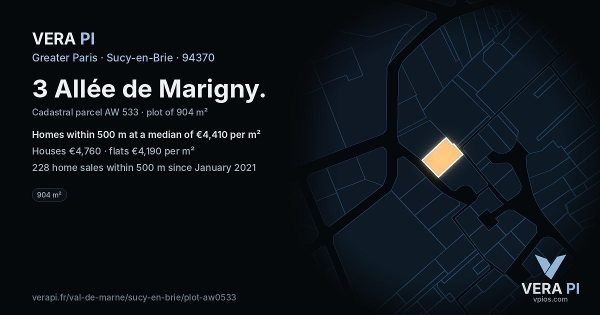 3 Allée de Marigny, Sucy-en-Brie at night – the plot lit, the parcels around coloured by the prices near them