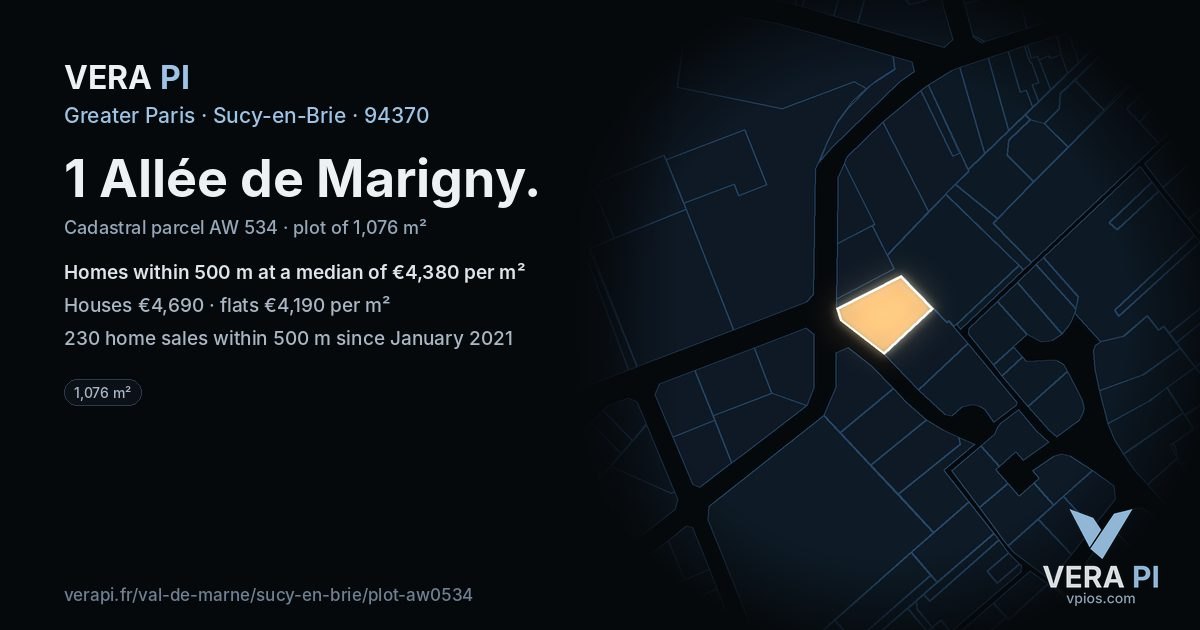 1 Allée de Marigny, Sucy-en-Brie at night – the plot lit, the parcels around coloured by the prices near them