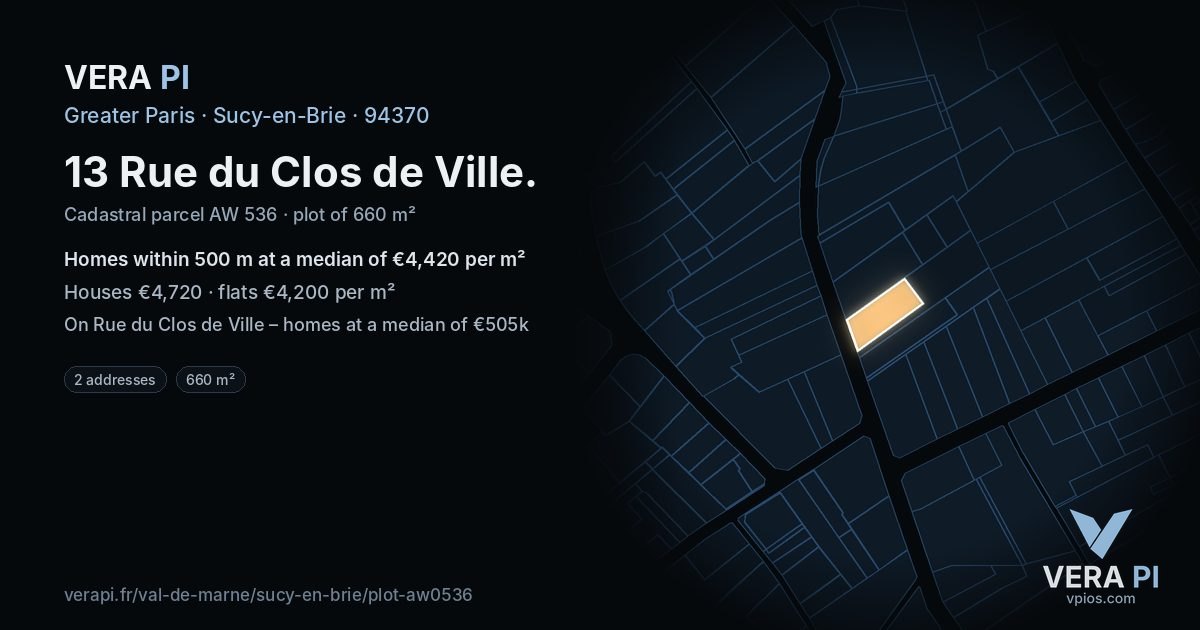 13 Rue du Clos de Ville, Sucy-en-Brie at night – the plot lit, the parcels around coloured by the prices near them