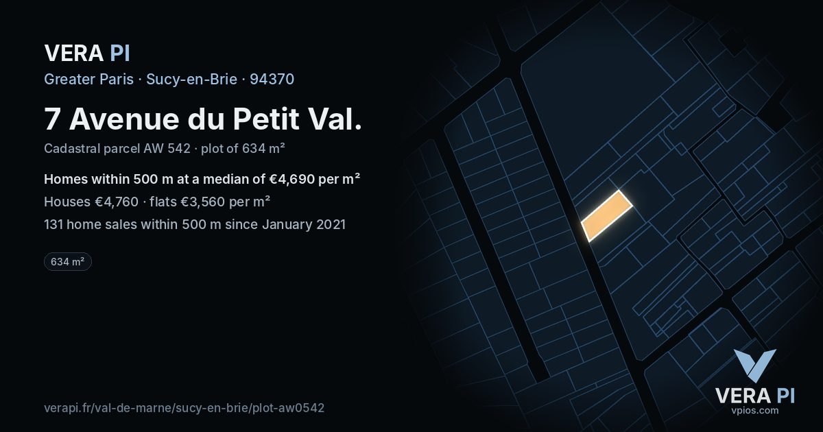 7 Avenue du Petit Val, Sucy-en-Brie at night – the plot lit, the parcels around coloured by the prices near them