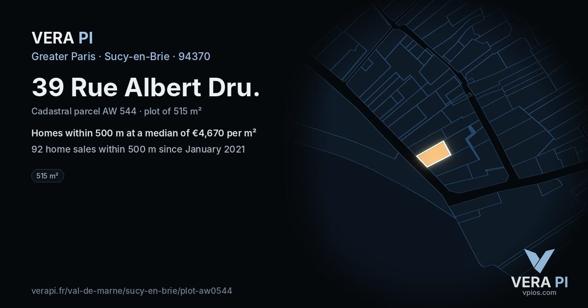 39 Rue Albert Dru, Sucy-en-Brie at night – the plot lit, the parcels around coloured by the prices near them