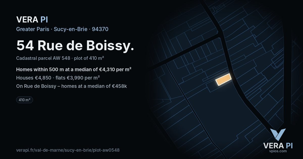 54 Rue de Boissy, Sucy-en-Brie at night – the plot lit, the parcels around coloured by the prices near them