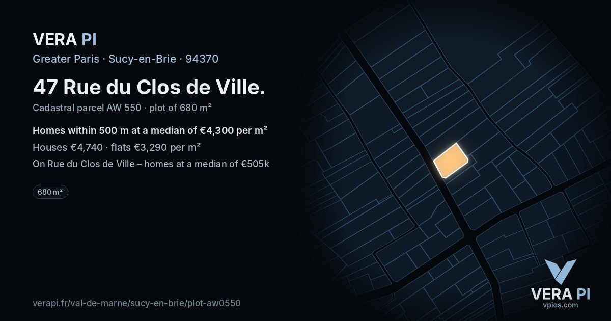 47 Rue du Clos de Ville, Sucy-en-Brie at night – the plot lit, the parcels around coloured by the prices near them