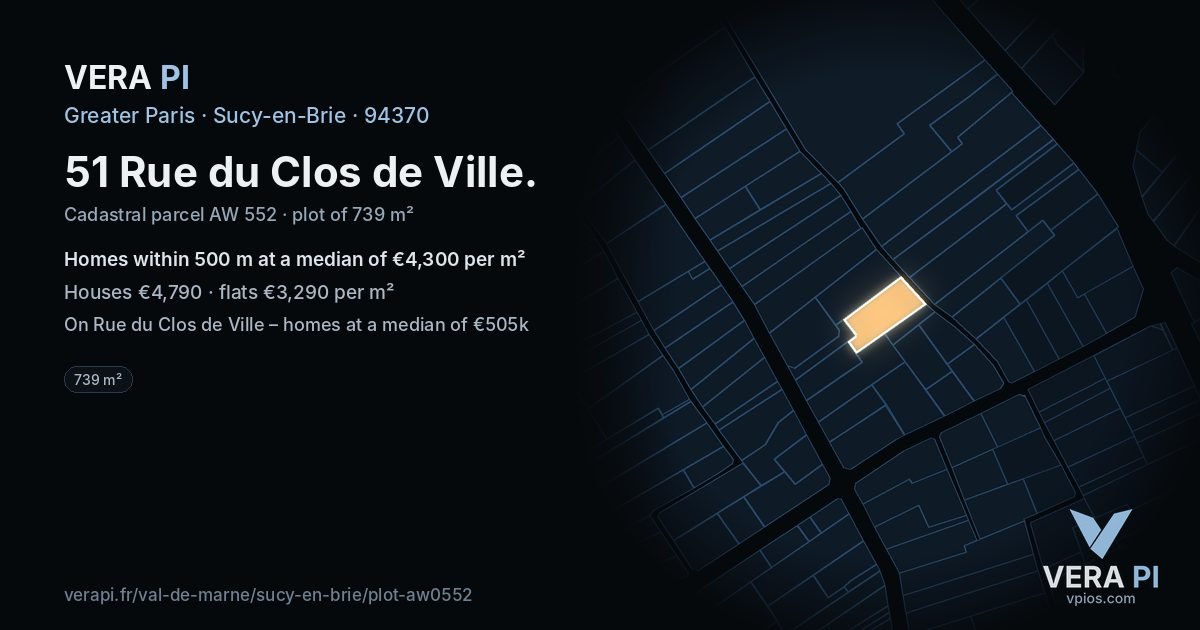 51 Rue du Clos de Ville, Sucy-en-Brie at night – the plot lit, the parcels around coloured by the prices near them