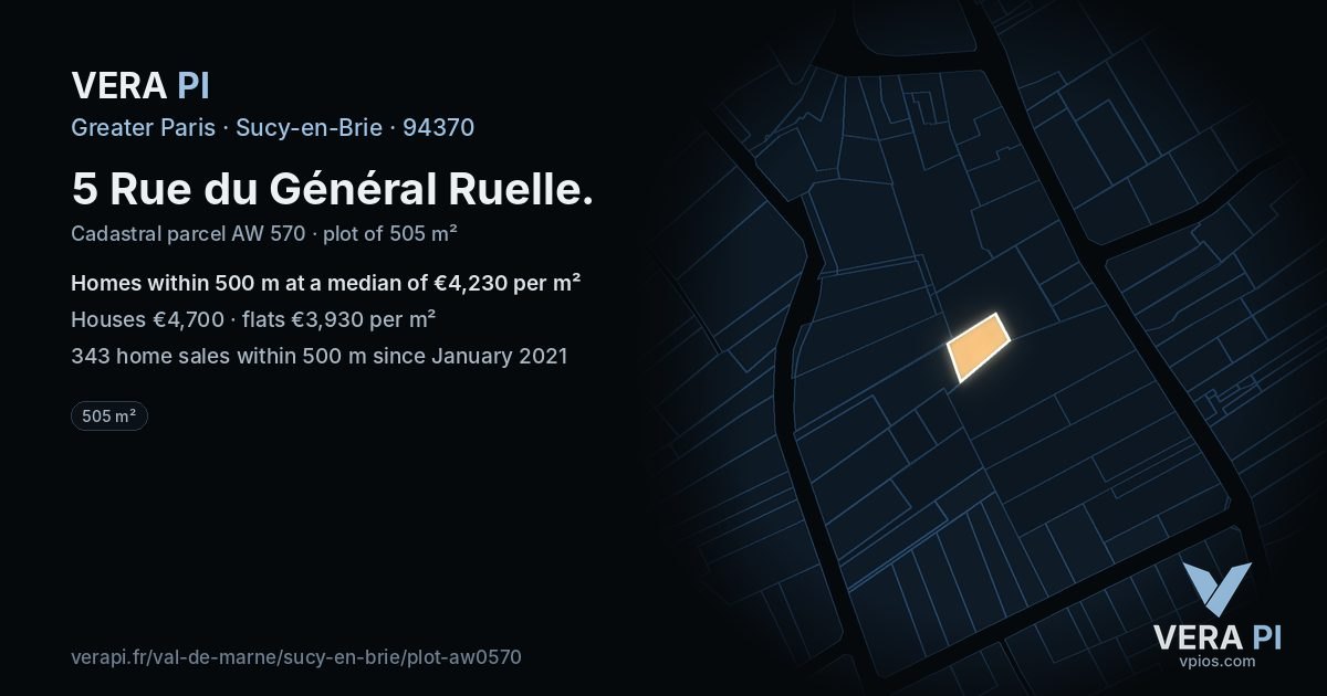 5 Rue du Général Ruelle, Sucy-en-Brie at night – the plot lit, the parcels around coloured by the prices near them